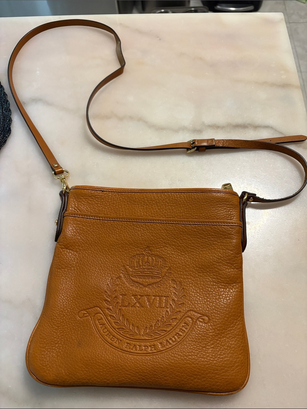 Authentic Ralph Lauren Tan Pebbled Leather Crossbody with Embossed Crest